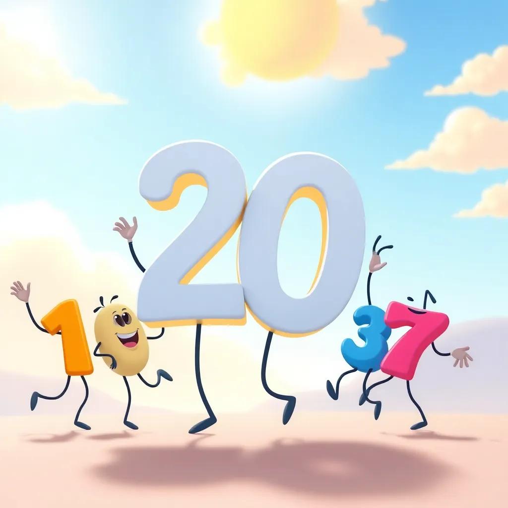 Number 20, smiling and bright, surrounded by its components like 10, 5, 3, and 7, all dancing joyfully under a sunny sky, cartoon style, lively and fun, high quality