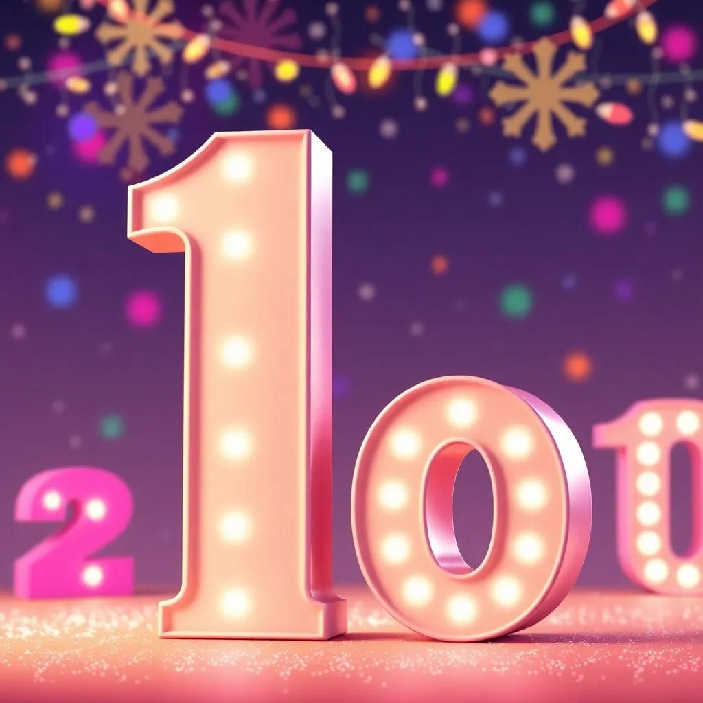 The number 10, tall and proud, standing next to number 20, with a glittering background of other numbers celebrating, colorful and festive, illustration, cheerful vibe, high quality