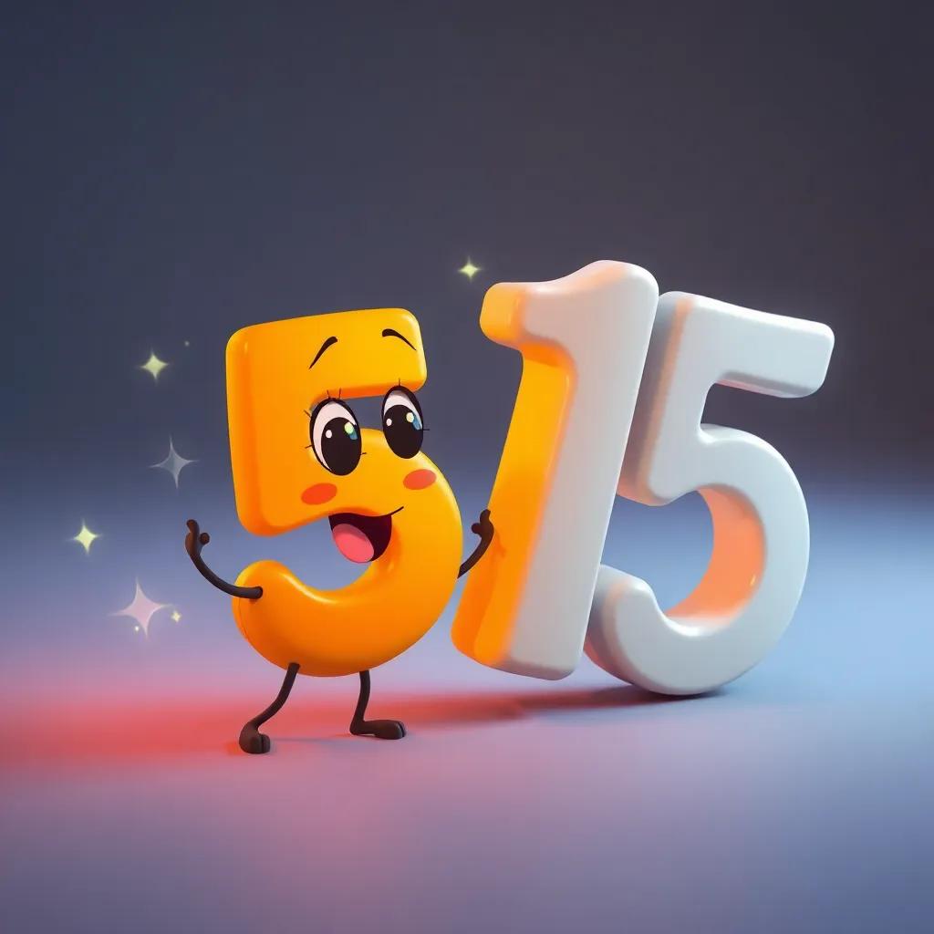 Small number 5, looking playful and energetic as it meets number 15, with sparkles around them, warm light, fun and engaging, cartoonish, high quality