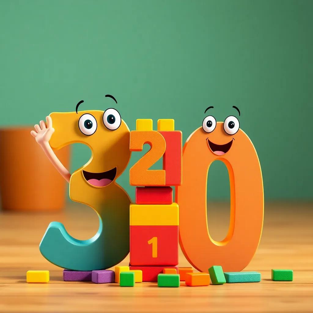Numbers 3 and 7 together, happy and excited, crafting the number 20 with colorful building blocks, vibrant colors, creative scene, child-friendly, high quality