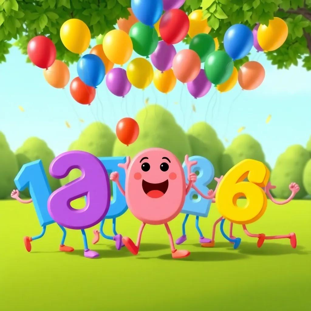 The joyful gathering of numbers in a green park, dancing and singing together under colorful balloons, with 20 at the center, happy face, cartoon style, fun and bright, high quality