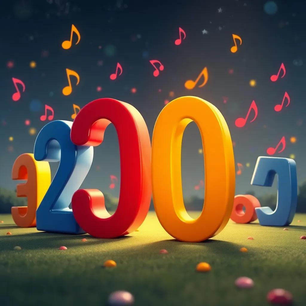 A scene of numbers in harmony, with musical notes floating around them, and 20 leading the way, digital art, lively and colorful, enchanting atmosphere, high quality