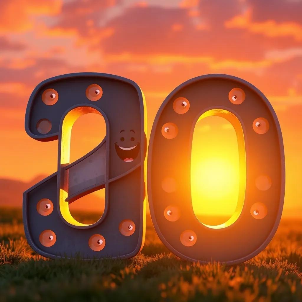 The number 20 celebrating with its components, a sunset in the background, filled with joy and laughter, warm colors, fantasy style, inviting and engaging, high quality