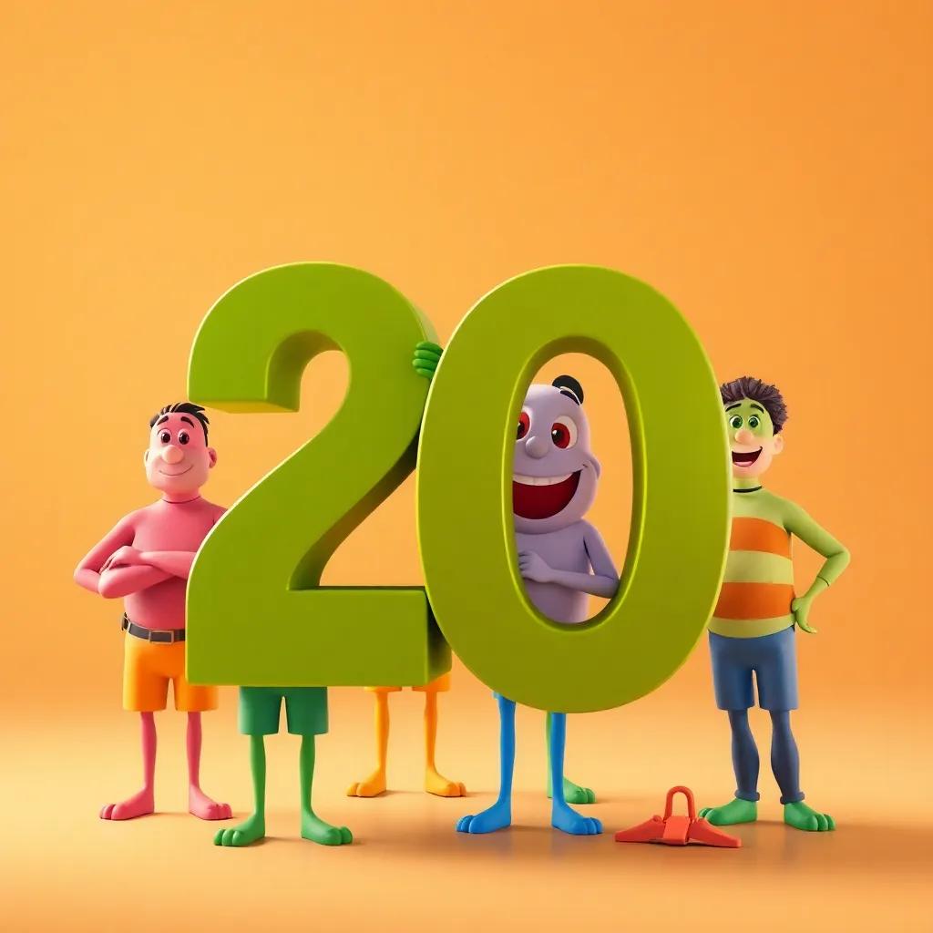 Number 20, surrounded by its friends, all standing proud together, symbolizing teamwork and cooperation, vibrant colors, uplifting imagery, high quality