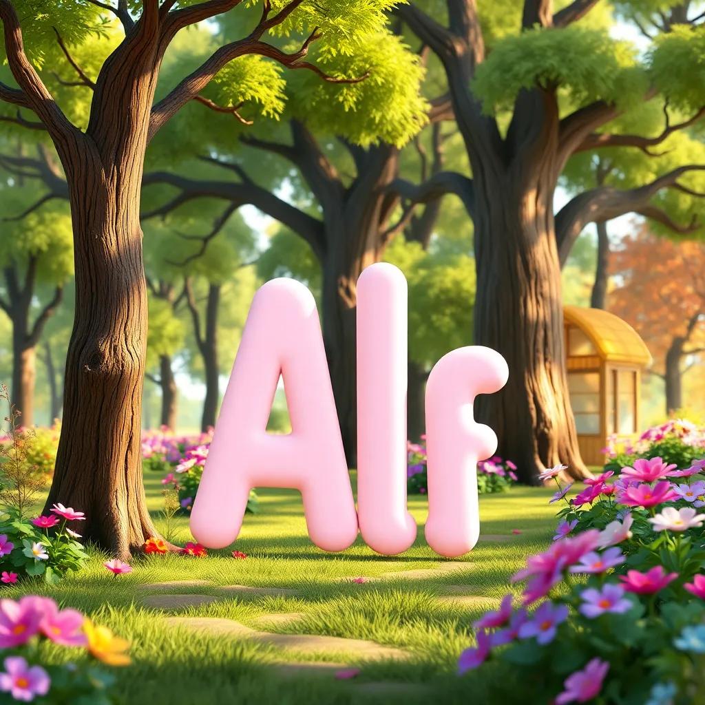 A letter, Alif, cheerful, standing in a bright forest with big trees and colorful flowers, smiling with a joyful expression, cartoon style, bright colors, whimsical atmosphere, high quality