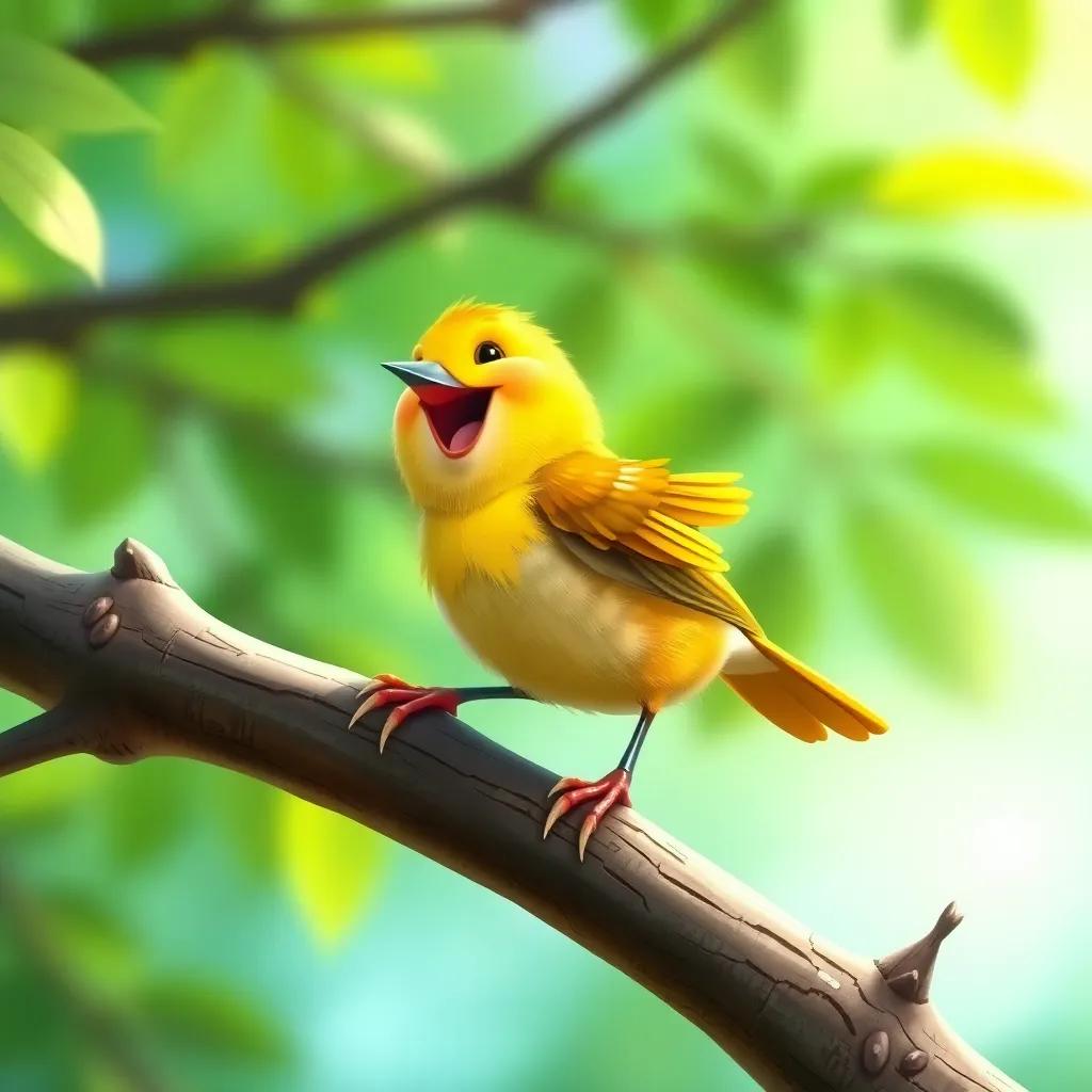 A small bird, a happy sparrow, singing on a tree branch, with a beautiful green backdrop, digital art, vibrant colors, playful, cheerful scene