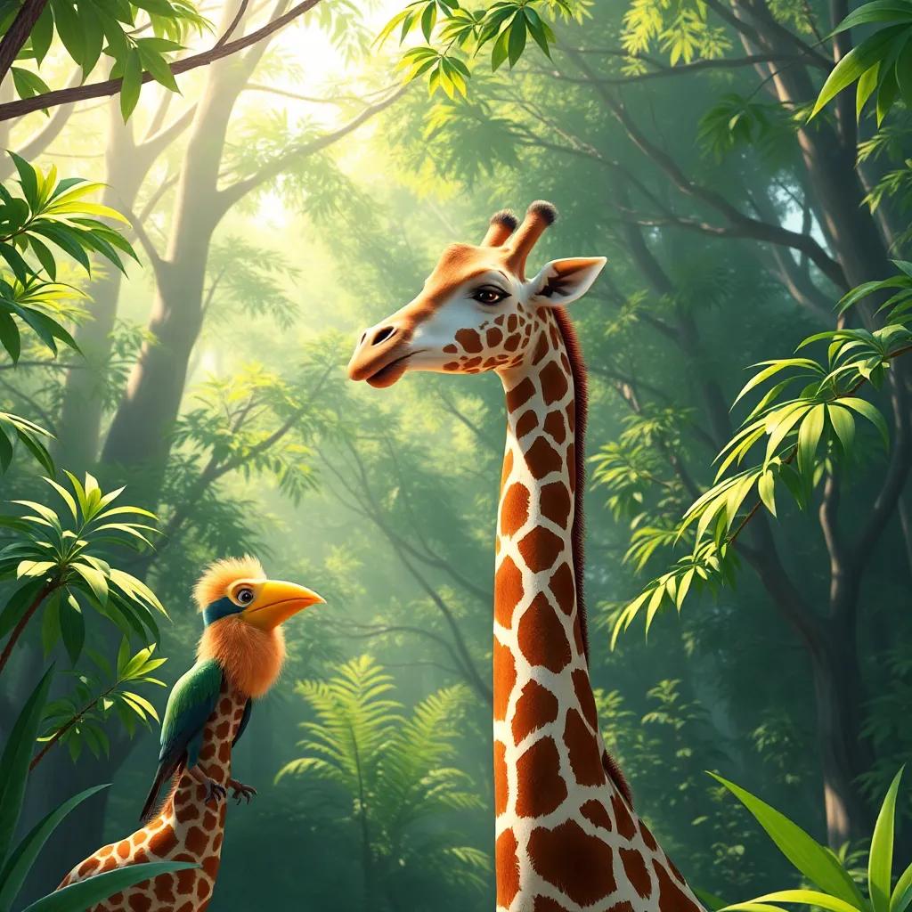A tall giraffe, looking down at the bird and Alif, in lush forest surroundings with sunlight filtering through the leaves, illustration, bright and inviting, lively