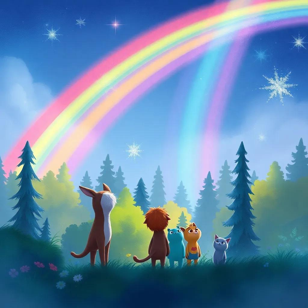A colorful rainbow arcing over the forest, with Alif and friends gazing up in wonder, watercolor style, soft and blend of colors, magical feeling