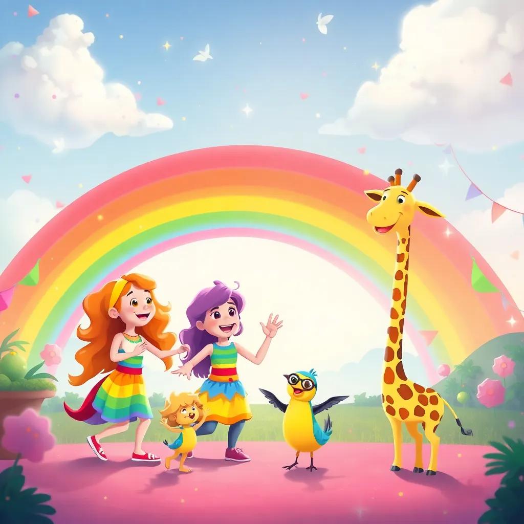 A magical celebration scene under a rainbow, with rainbow family characters dancing, and cheerful Alif, sparrow, and giraffe joyfully participating, colorful, festive, joyful atmosphere