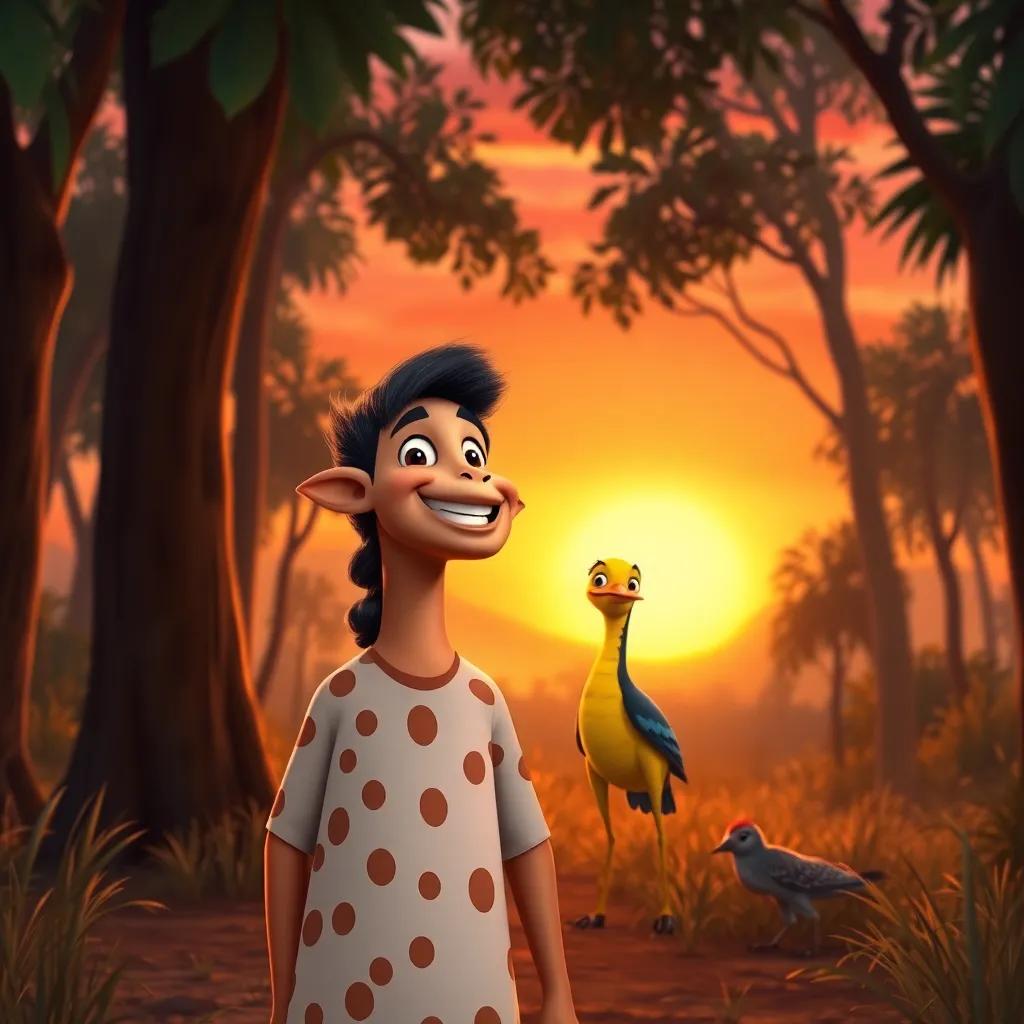 A joyful Alif reflecting on the day, standing in the forest with the sparrow and giraffe, a sunset in the background, warm colors, serene and happy