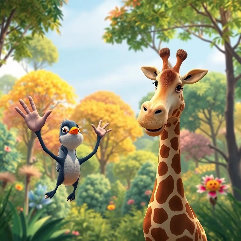 A view of friends waving goodbye in the colorful forest, with Alif, the sparrow, and the giraffe smiling at each other, digital art, cheerful, heartwarming scene