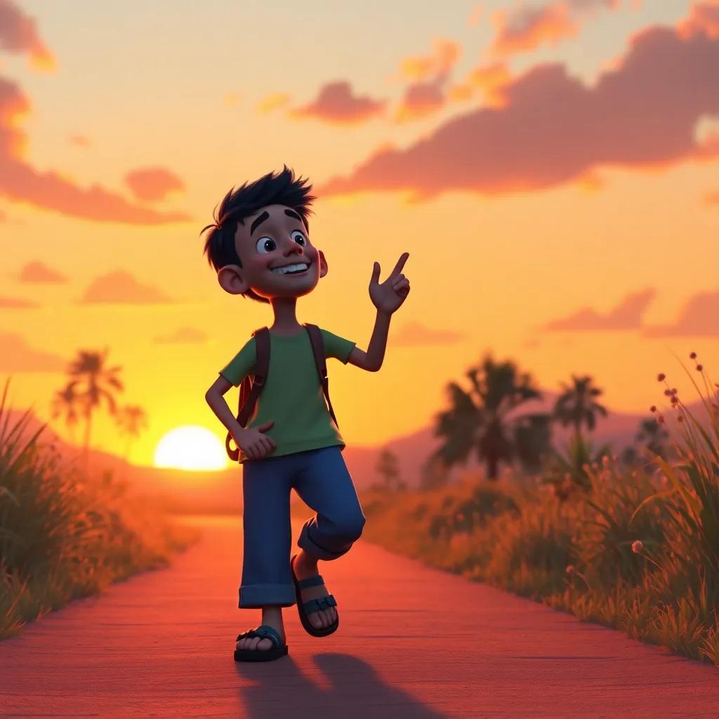 A happy Alif walking confidently into the sunset, humming a tune after a wonderful day of adventure, rich colors of setting sun, uplifting