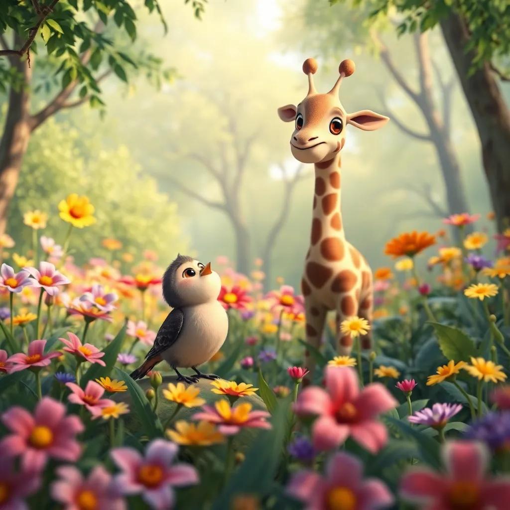 A whimsical forest filled with vibrant flowers, with Alif, the sparrow, and the giraffe, enjoying their day, children’s book style, colorful, imaginative