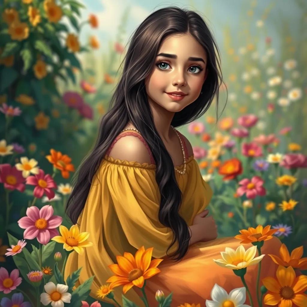 A young Arab girl, Leila, with long, dark hair, wearing a bright dress, sitting in a flower garden filled with colorful flowers, digital art, vibrant colors, cheerful atmosphere, high quality