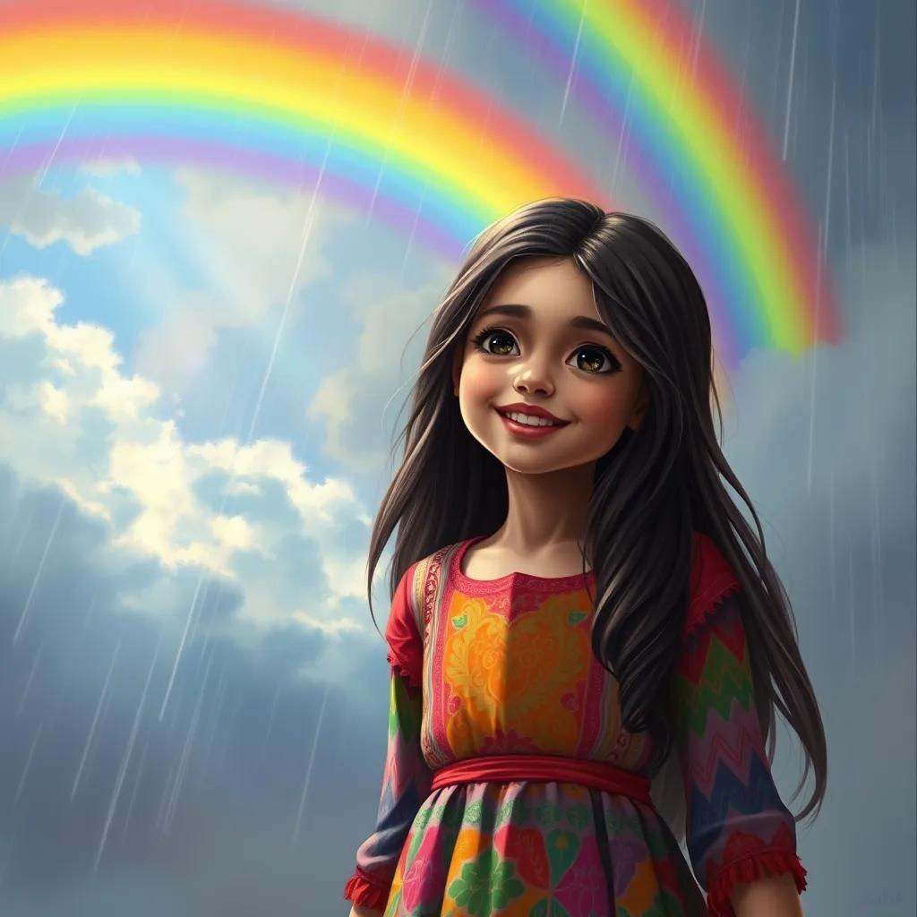 Leila, a young Arab girl, with long, dark hair, wearing a colorful dress, standing under a beautiful rainbow after the rain, bright sky, joyful expression, digital painting, detailed, uplifting
