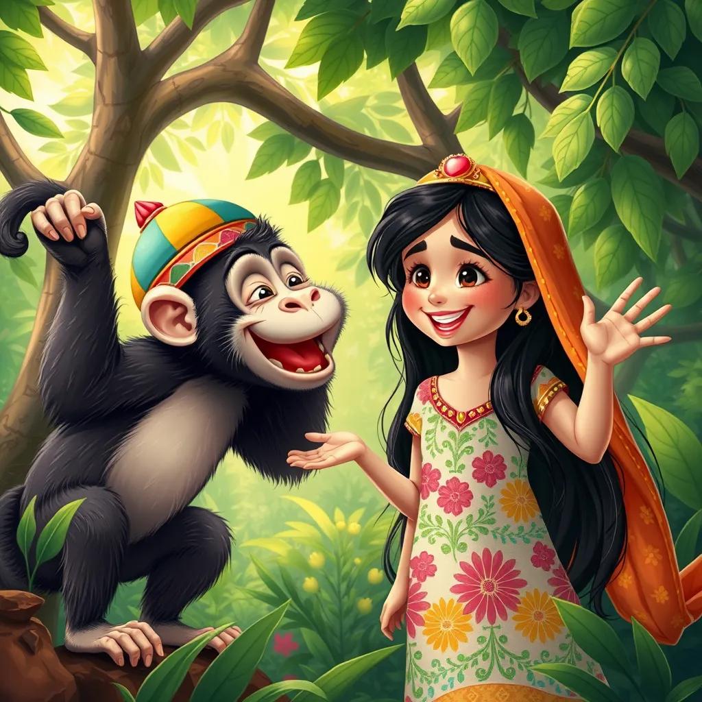 A playful monkey wearing a colorful hat, laughing and inviting Leila, a young Arab girl with long, dark hair in a colorful dress, in a lush green forest filled with sunlight, friendly atmosphere, illustration, cheerful