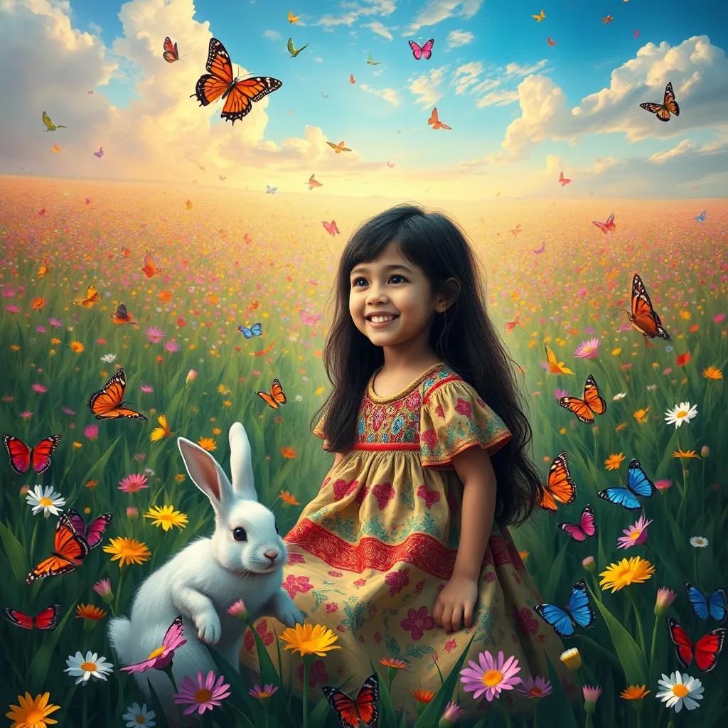 A vast field filled with colorful butterflies and a white rabbit hopping around, Leila, a young Arab girl with long, dark hair in a colorful dress, smiling in awe, vivid colors, magical scenery, digital art