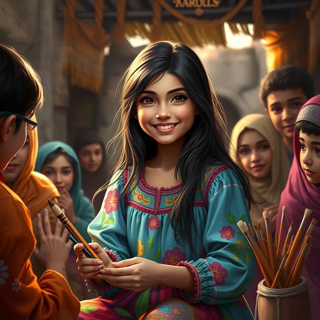 Leila, a young Arab girl with long, dark hair in a colorful dress, happily painting with vibrant colors in her village, surrounded by her friends, warm lighting, community joy, heartwarming, digital art
