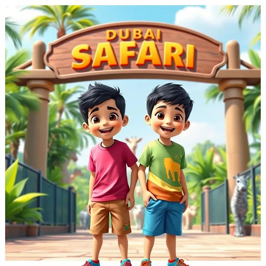 Two young boys, Sami and Tariq, excited brothers with bright eyes, wearing colorful t-shirts and shorts, standing at the entrance of Dubai Safari, surrounded by lush greenery and animals, sunny day, vibrant colors, joyful and lively atmosphere, high-quality illustration