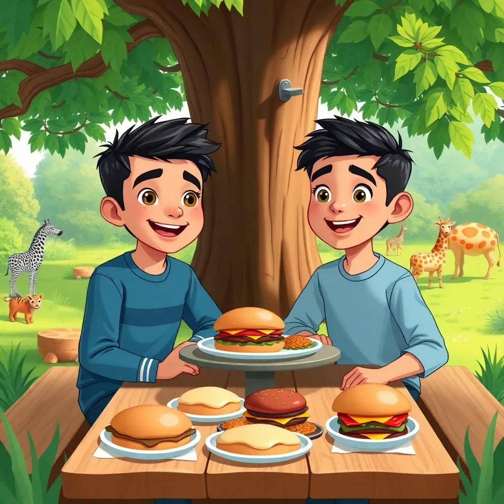 Two young boys, Sami and Tariq, sitting at a picnic table under a big tree, with a delicious spread of food including sandwiches and burgers, smiling and talking, surrounded by lush greenery and animal sights, cheerful mood, bright colors, inviting scene, cute illustration