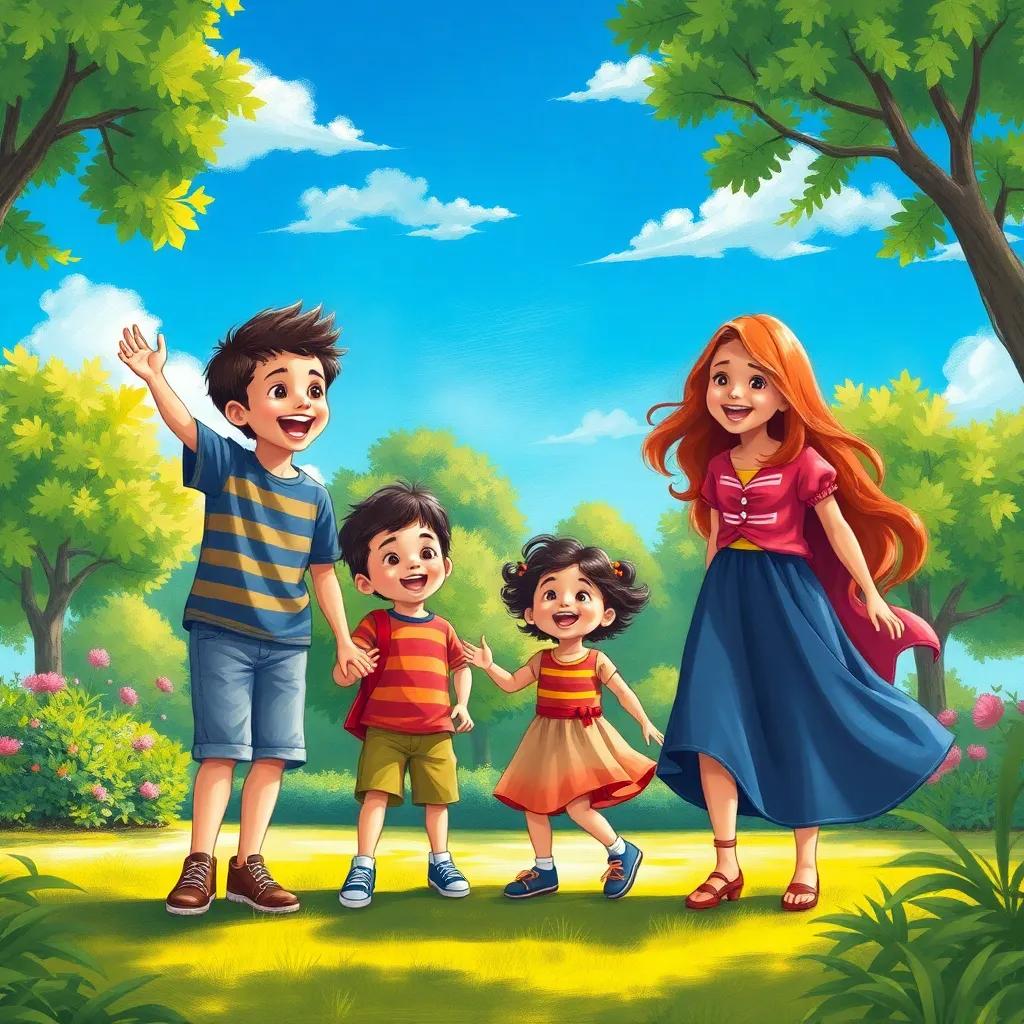A sunny park where three siblings, Sami, Ziad, and Lina are gathered excitedly with a vibrant blue sky and greenery, children having fun, cheerful atmosphere, bright colors, illustrative style