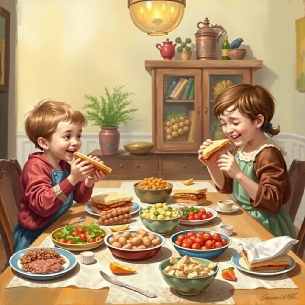 Three siblings preparing sandwiches and snacks at home, colorful foods on the table, enthusiasm and laughter, warm and inviting environment, realistic illustration