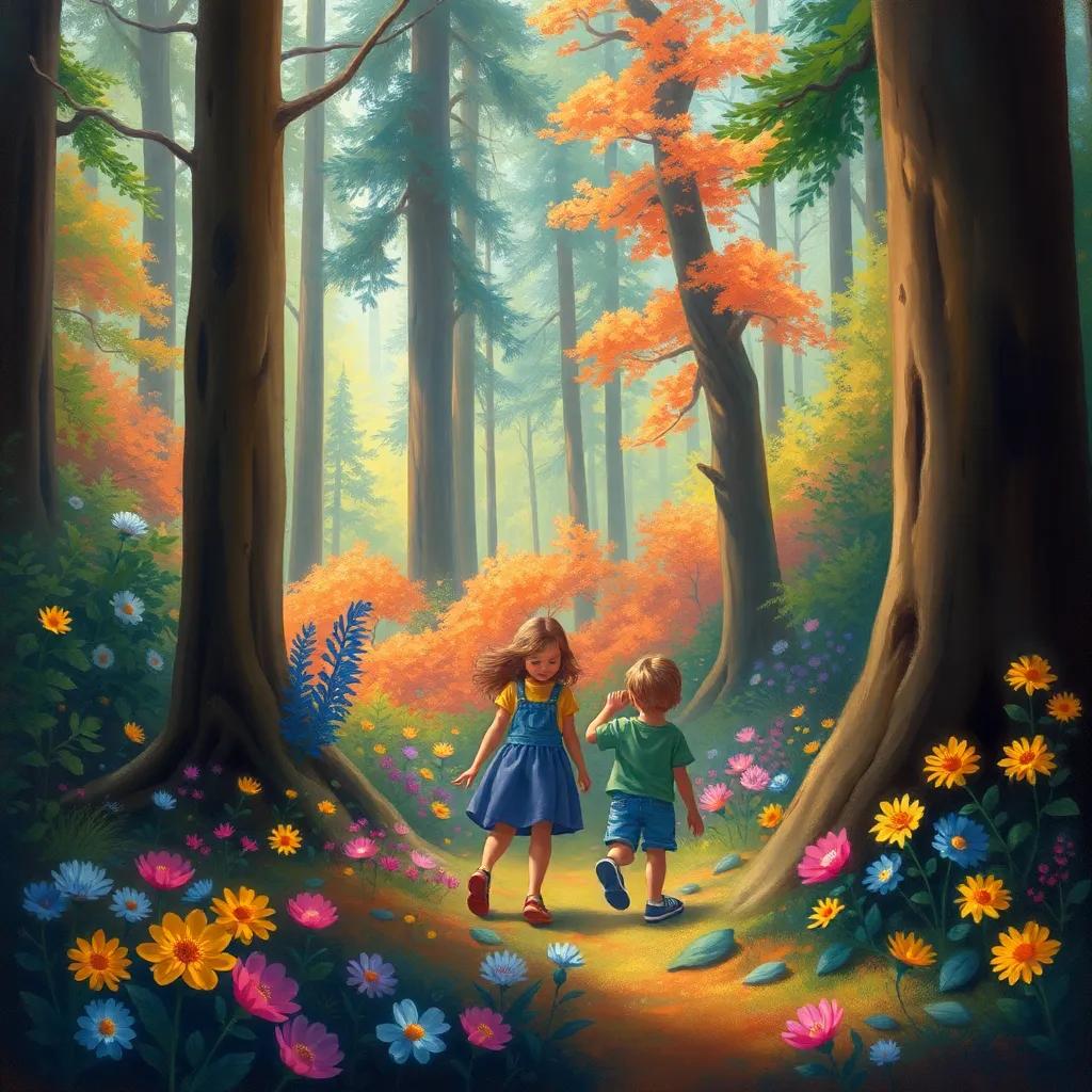 A vibrant forest with tall trees and colorful flowers, siblings exploring together, a sense of wonder and discovery, child-friendly art style
