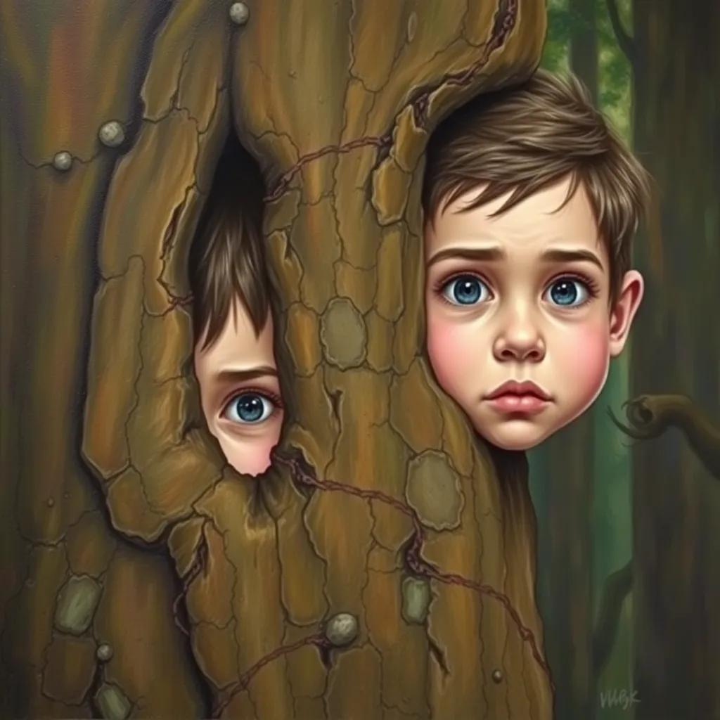 A curious face of the siblings peeking behind a tree, showing a bit of nervousness and excitement, textured forest background, colorful and engaging