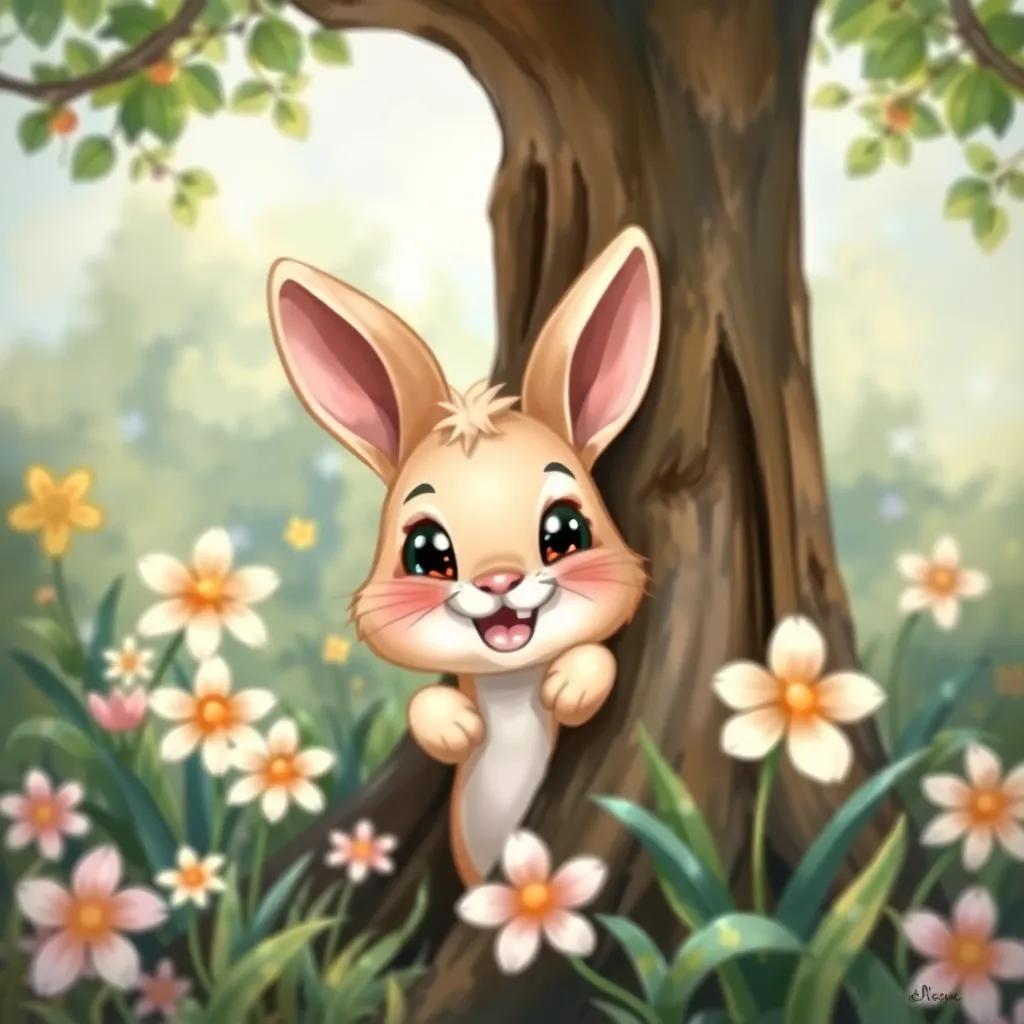 A cute little rabbit peeking out from behind a tree, looking friendly and playful, surrounded by flowers and greenery, joyful scene, cartoon style