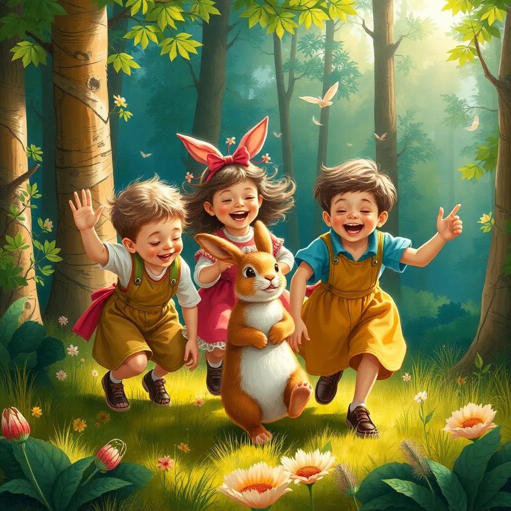 Three siblings playing joyfully with the rabbit in a sunny spot in the forest, laughter and movement, dynamic composition, colorful and lively illustration