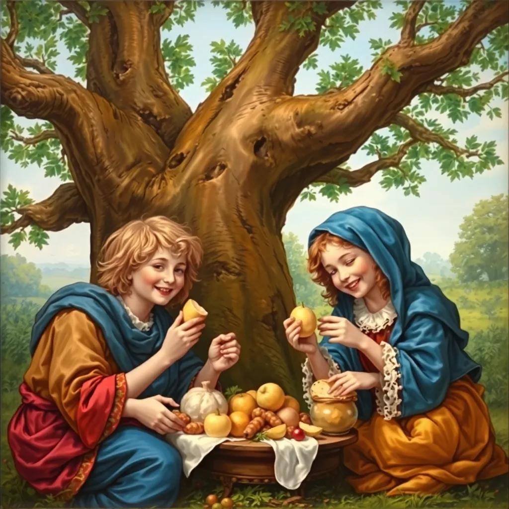 The siblings sharing food together under a large tree, happy expressions and sharing atmosphere, rich colors, illustrative scene