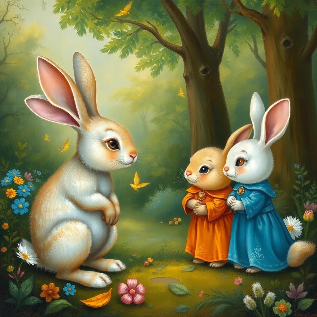 A rabbit talking to the siblings, like a friendly conversation, whimsical forest background, bright and cheerful, imaginative art style