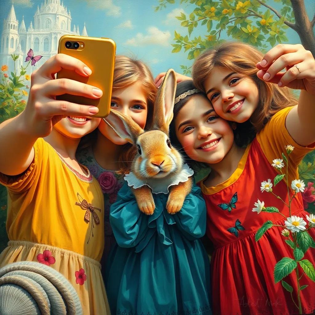 The siblings taking a group selfie with the rabbit, everyone smiling and happy, surrounded by nature, vibrant colors, photographic style