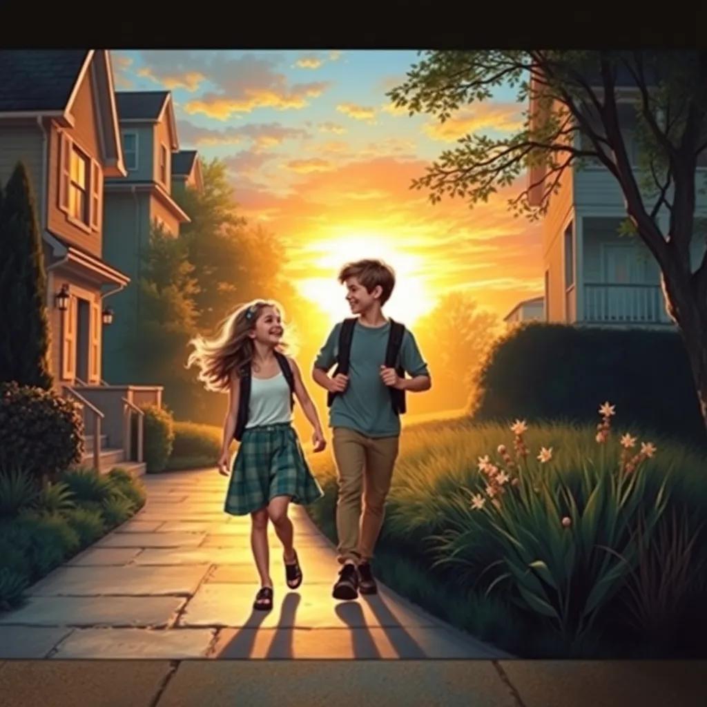 The siblings joyfully walking home together, talking animatedly about their adventure, warm sunset lighting, harmonious and uplifting atmosphere