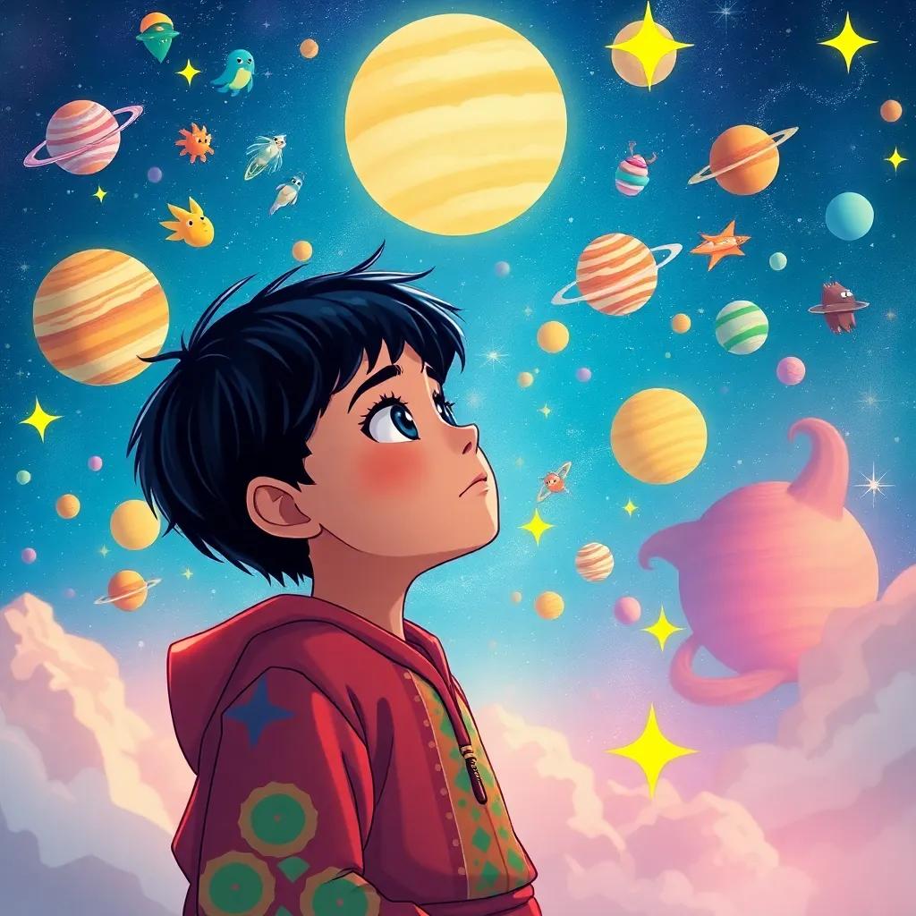 Sami, a young boy with short black hair in a colorful tunic, dreaming of a vast universe filled with colorful planets and wondrous creatures, stars twinkling around him, illustration, dreamy, imaginative scene, child-friendly