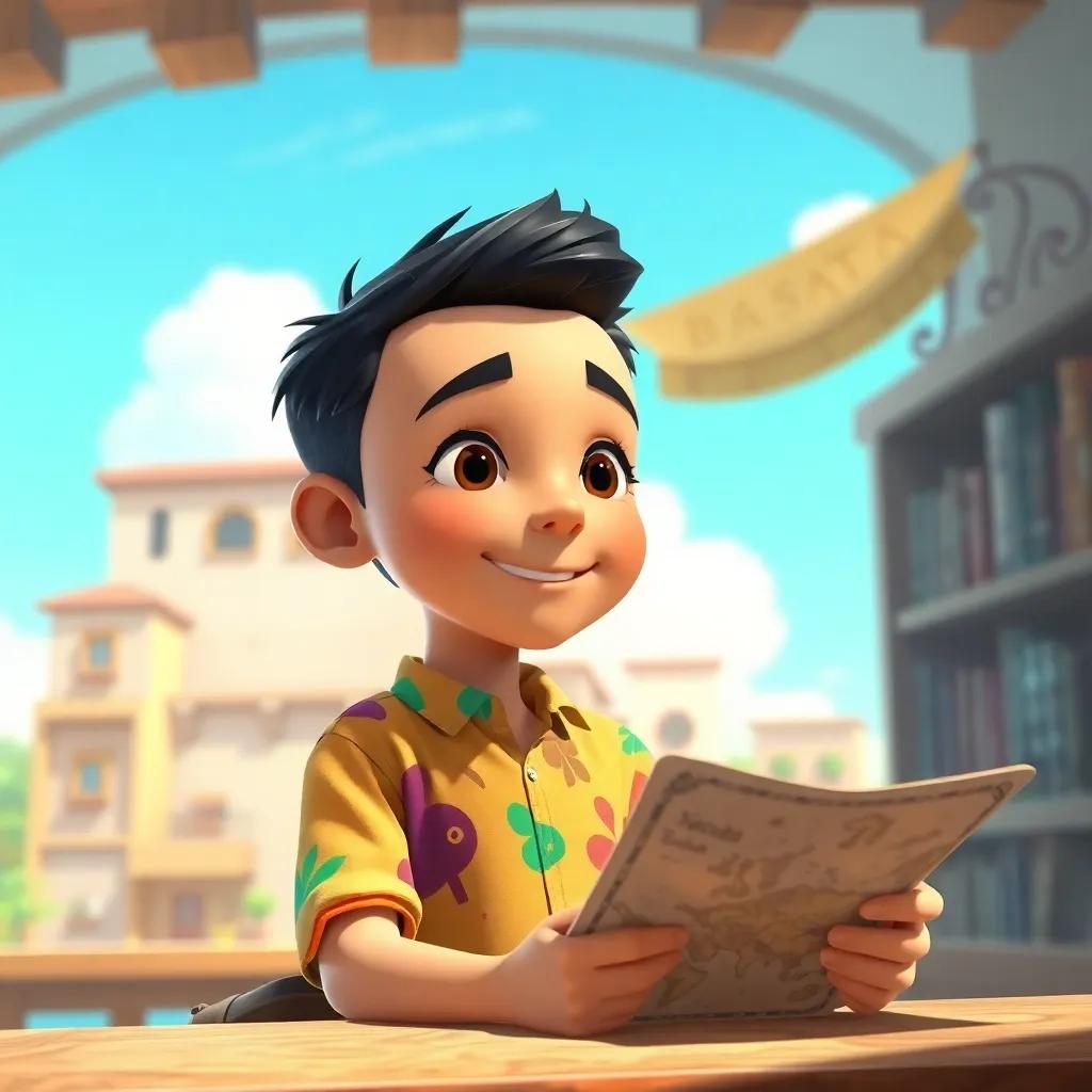 A sunny day in 'Basata', a young boy named Gharbatta with short black hair wearing a colorful shirt, sitting in a local library, looking at an ancient map with excitement, digital art, bright and cheerful atmosphere, high quality