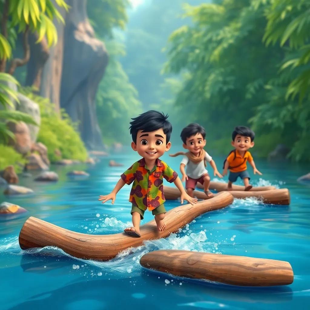 Gharbatta, a young boy with short black hair wearing a colorful shirt, crossing a deep river with his friends Basit and Ibtisam using floating logs, surrounded by lush greenery, cheerful, adventure scene, vibrant colors, high quality