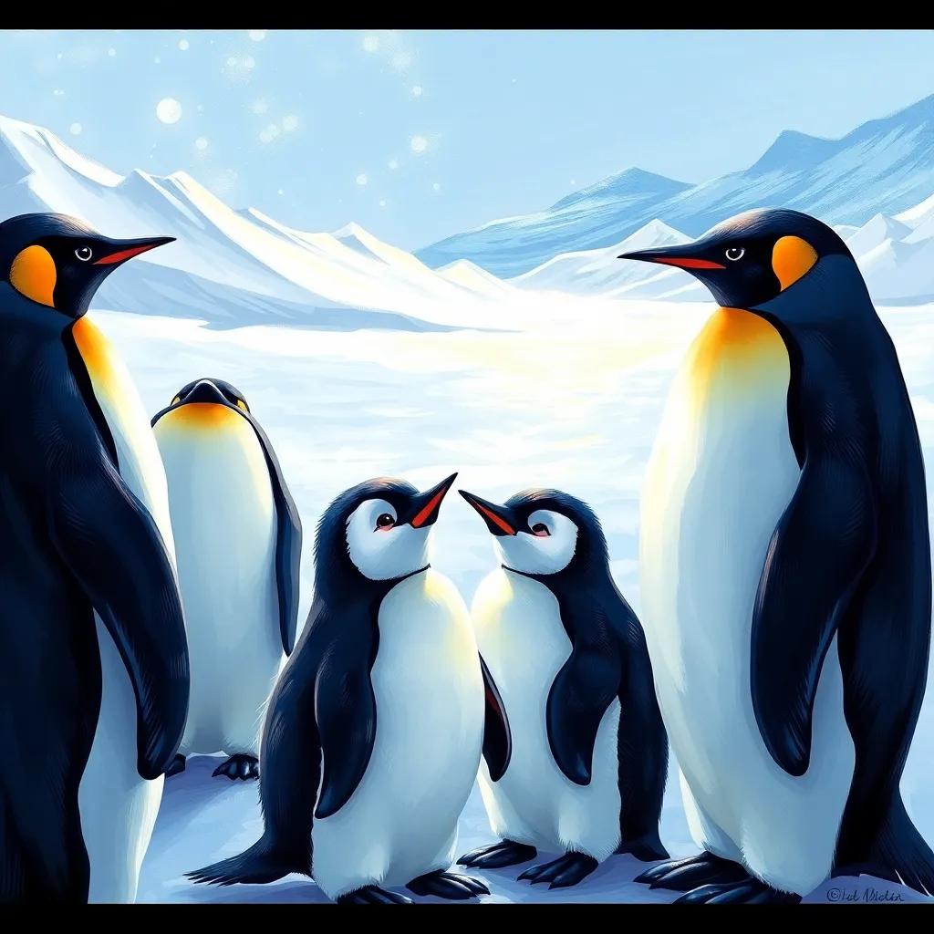 A family of penguins with a small penguin excitedly talking to his family, with a snowy landscape in the background and sunlight sparkling on the ice, cheerful scene, digital art, bright colors, inviting atmosphere, high quality
