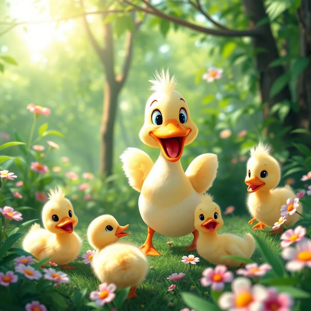 A happy duck named Tali playing in a vibrant green forest with her cheerful ducklings, surrounded by flowers and sunlight, digital art, bright colors, joyful atmosphere, high quality