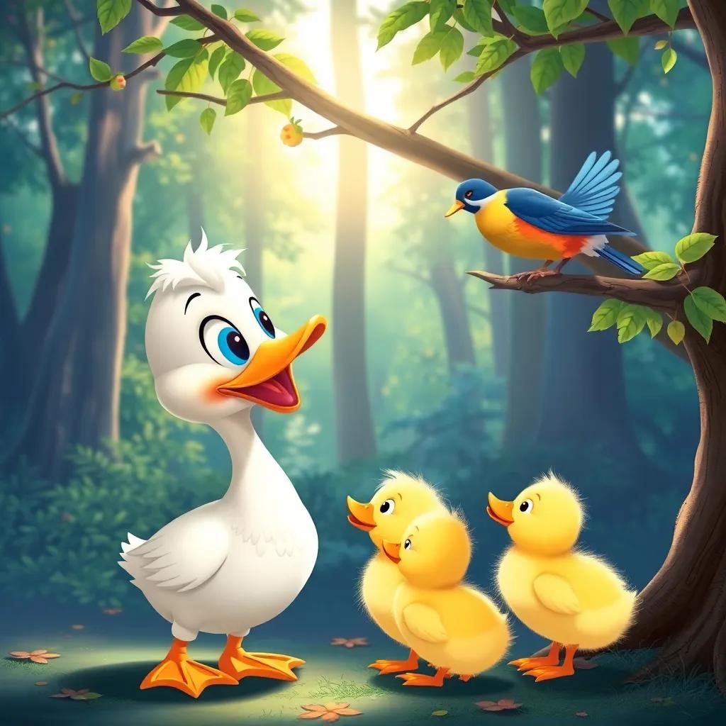 Tali the duck with her ducklings listening to a colorful bird singing on a tree branch, vibrant forest background with sunlight filtering through the leaves, digital illustration, cheerful, animated style, child-friendly