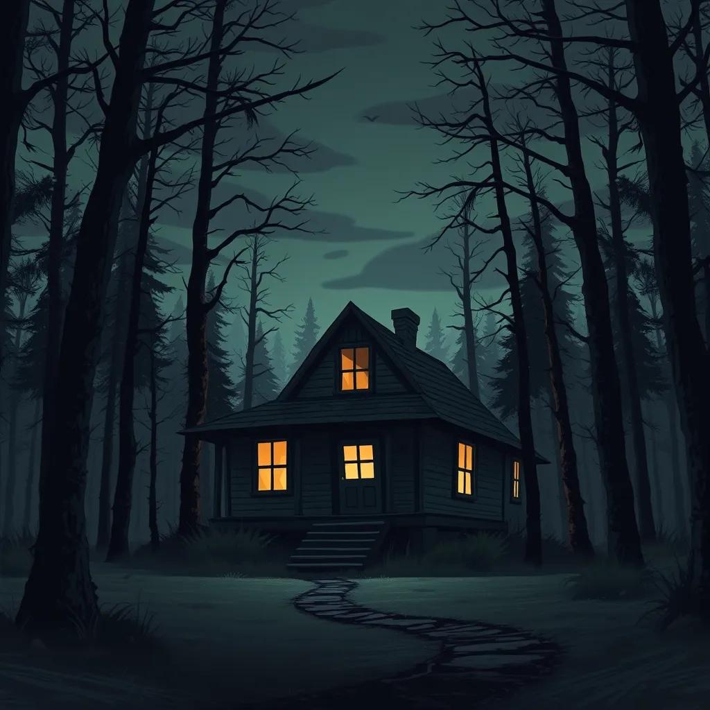 A spooky abandoned cottage in the woods with dim light coming from its windows, surrounded by tall dark trees and a dusky sky, illustration, eerie, mysterious atmosphere, rich shadows, storytelling view