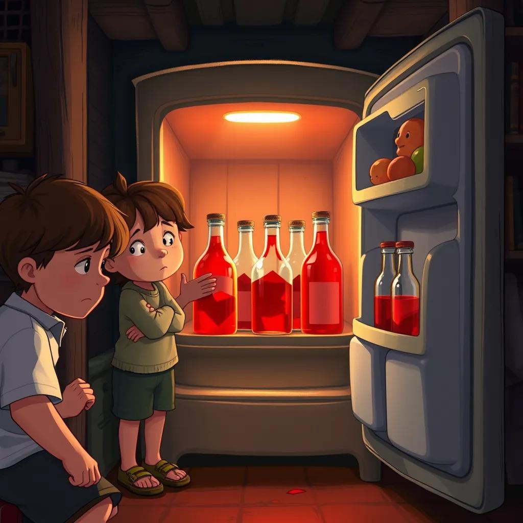 A group of tired children opening an old fridge inside a dim cottage revealing glass bottles filled with bright red liquid, illustration, detailed, warm light, cozy yet spooky color scheme, narrative perspective