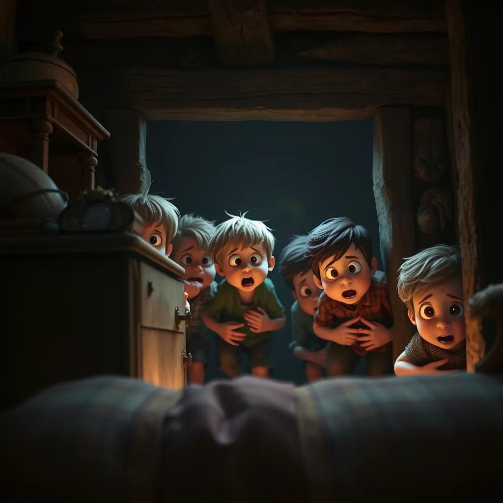 A group of children hiding behind old furniture in the cottage, looking terrified as they hear strange noises, digital art, dramatic lighting, intense atmosphere, focus on expressions, high quality