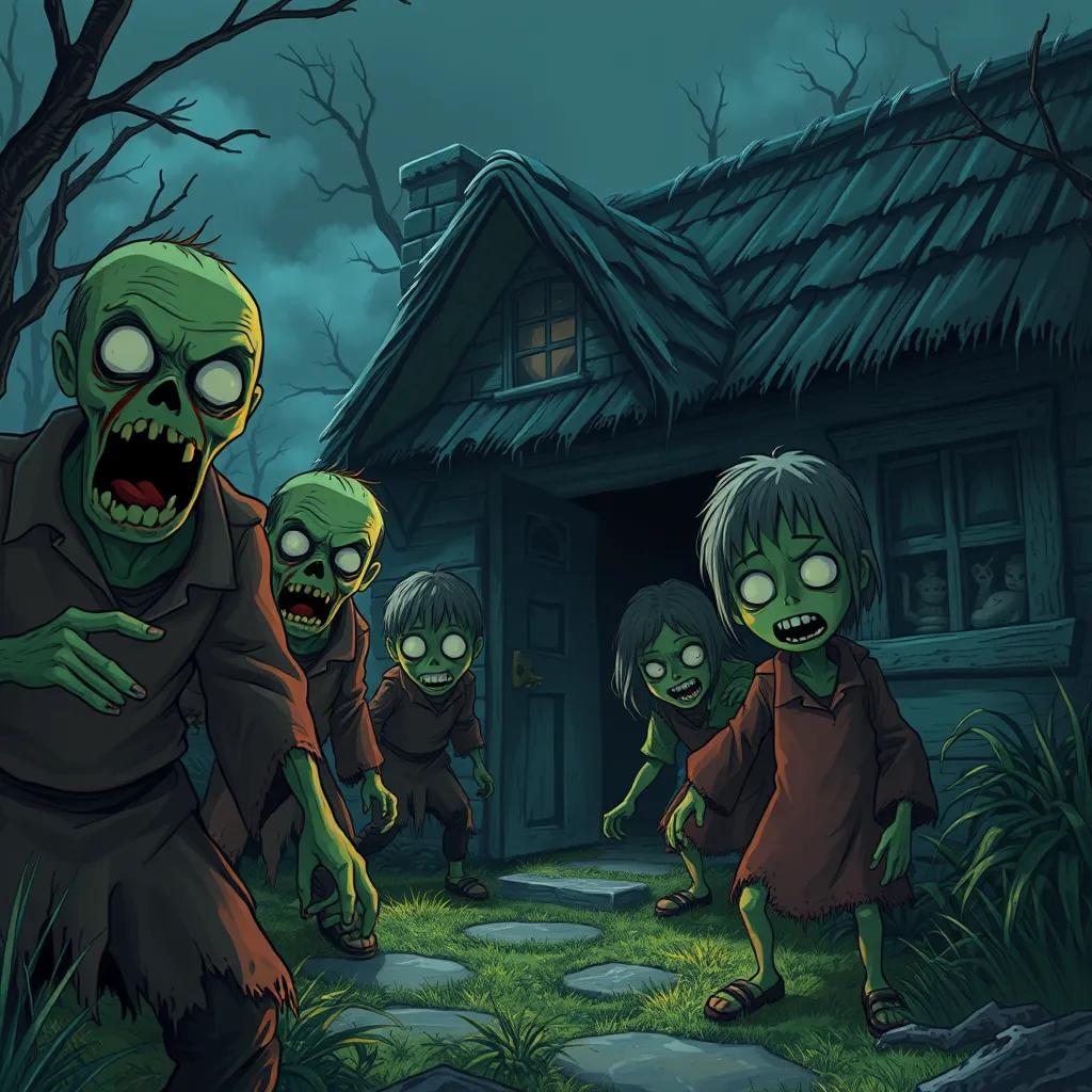 A terrifying scene of zombies entering the cottage, with their eerie green skin and tattered clothes, while the children hide, illustration, chilling, dark colors, dynamic perspective, high quality