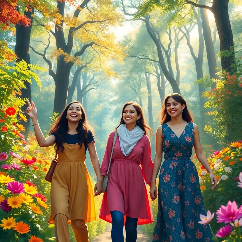 Three friends, Yasmin, Tasneem, and Maria, excitedly walking through a vibrant forest filled with colorful flowers and towering trees, cheerful atmosphere, digital art, bright colors, inviting light, warm sunlight filtering through leaves, high quality