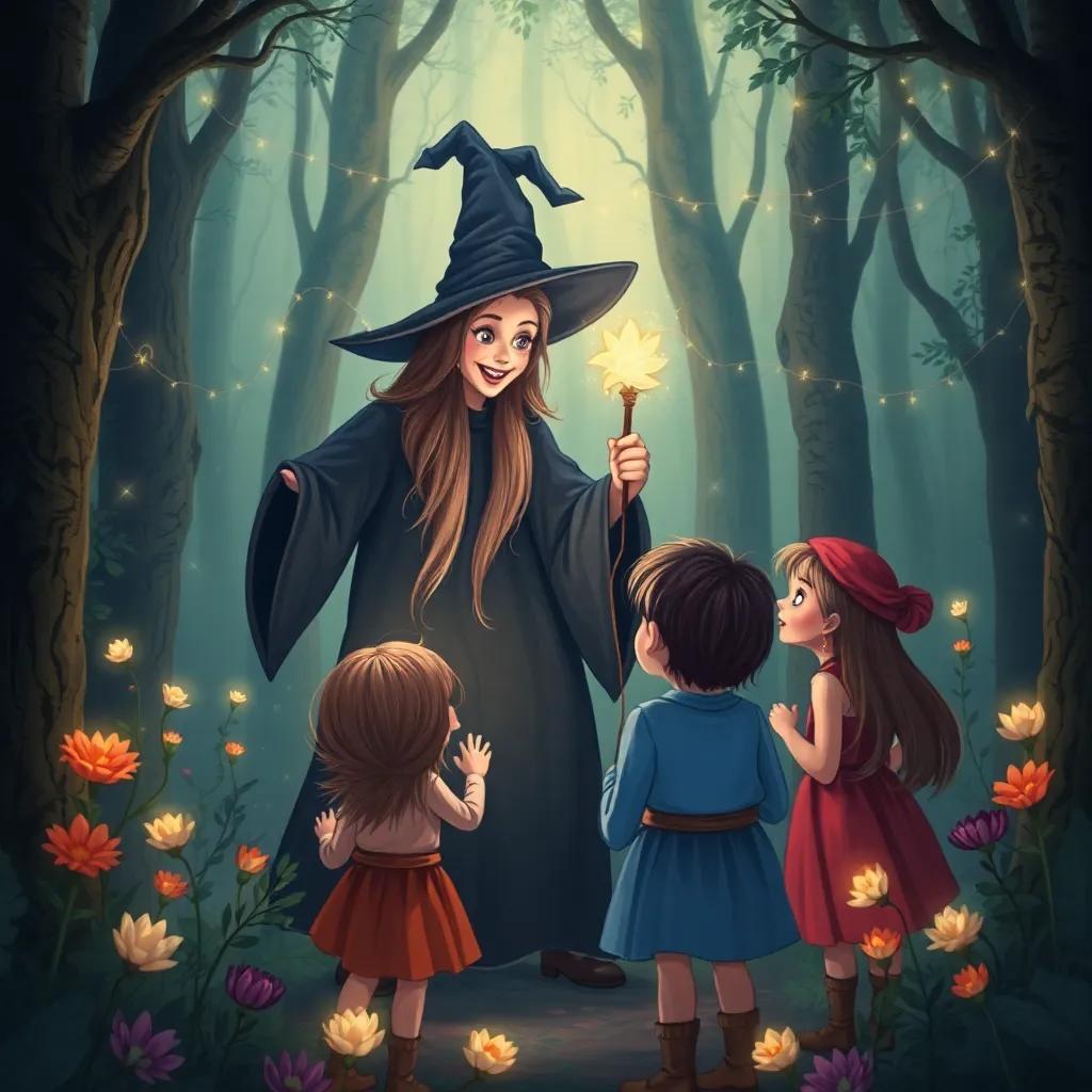 A mysterious witch, smiling enigmatically, approaching the three friends in the forest, holding a glowing magical wand, surrounded by twinkling lights and colorful plants, illustration, magical atmosphere, soft light, enchanting scene, high quality