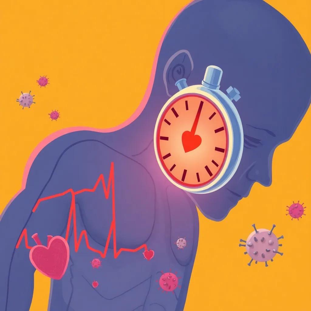 An alarm showing a sharp drop in blood sugar levels with red indicators, a human body with heart pulses and worried cells, digital art, dramatic visualization, warm colors, focused perspective, high quality