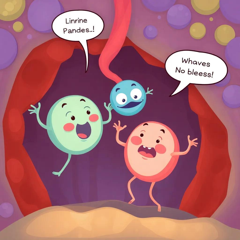 An illustration of the pancreas working inside the body, cells (alpha cells) excitedly communicating with expressions, digital art, vivid colors, cheerful atmosphere, high quality