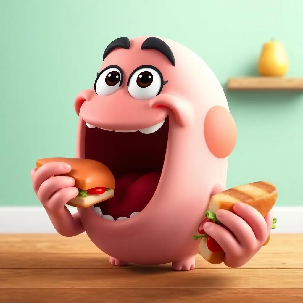 A happy mouth character, talking with a big smile, eating a colorful sandwich, cheerful atmosphere, playful design, cartoonish style, bright colors, friendly setting, high quality