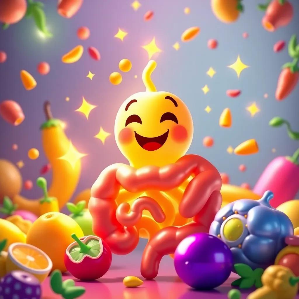 A bright and shining intestine character, surrounded by shining vitamins, smiling and working together in a colorful environment, playful and fun design, vibrant colors, joyful atmosphere, cartoon style, high quality